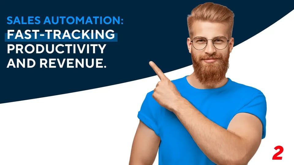 Man pointing to a headline about sales automation boosting productivity and revenue.