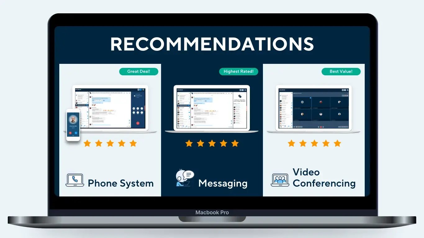 Three communication software recommendations shown on MacBook Pro screen featuring phone, messaging, and video conferencing solutions