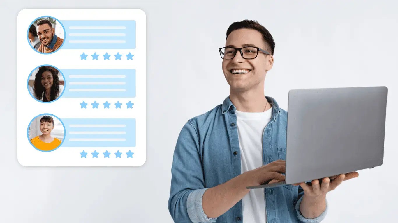 Smiling professional with laptop next to panel showing three five-star customer reviews with profile pictures