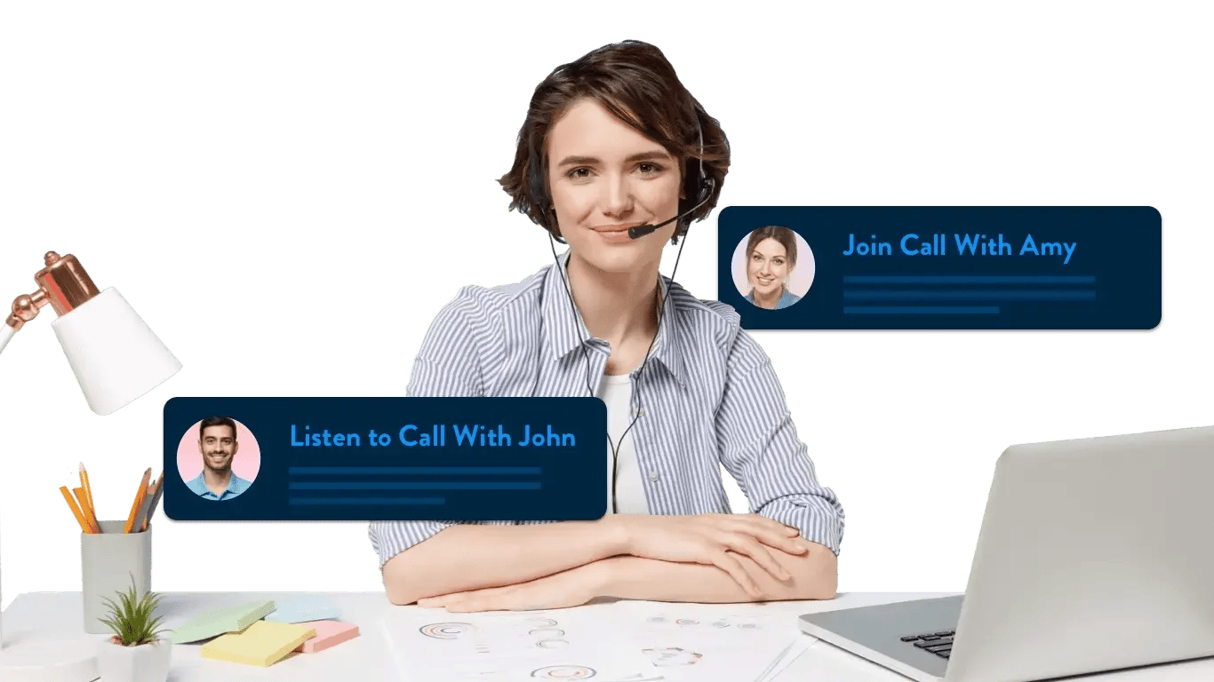 Customer service representative at a desk with a headset with call monitoring options to join or listen to call with agents.