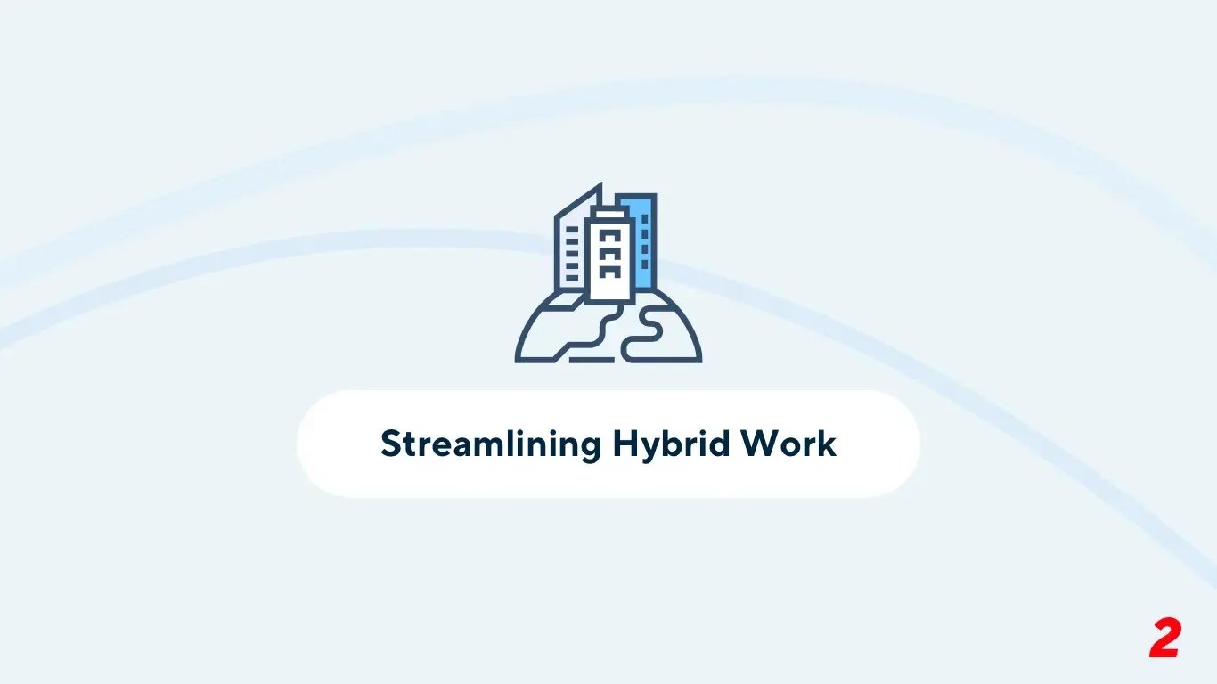 An illustration with 3 buildings sitting on top of a globe with text underneath that says "Streamlining Hybrid Work"